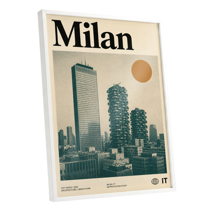 Milan Modernist Skyline, beige, green, black minimalist wall art shown as a white framed poster wall art print