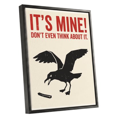 Mine, All Mine!, black, beige, red nature wall art shown as a black framed canvas wall art