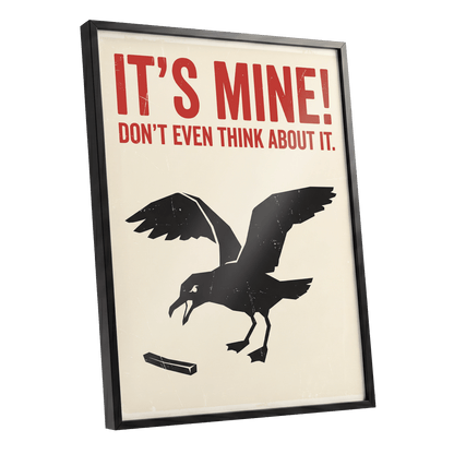 Mine, All Mine!, black, beige, red nature wall art shown as a black framed poster wall art print