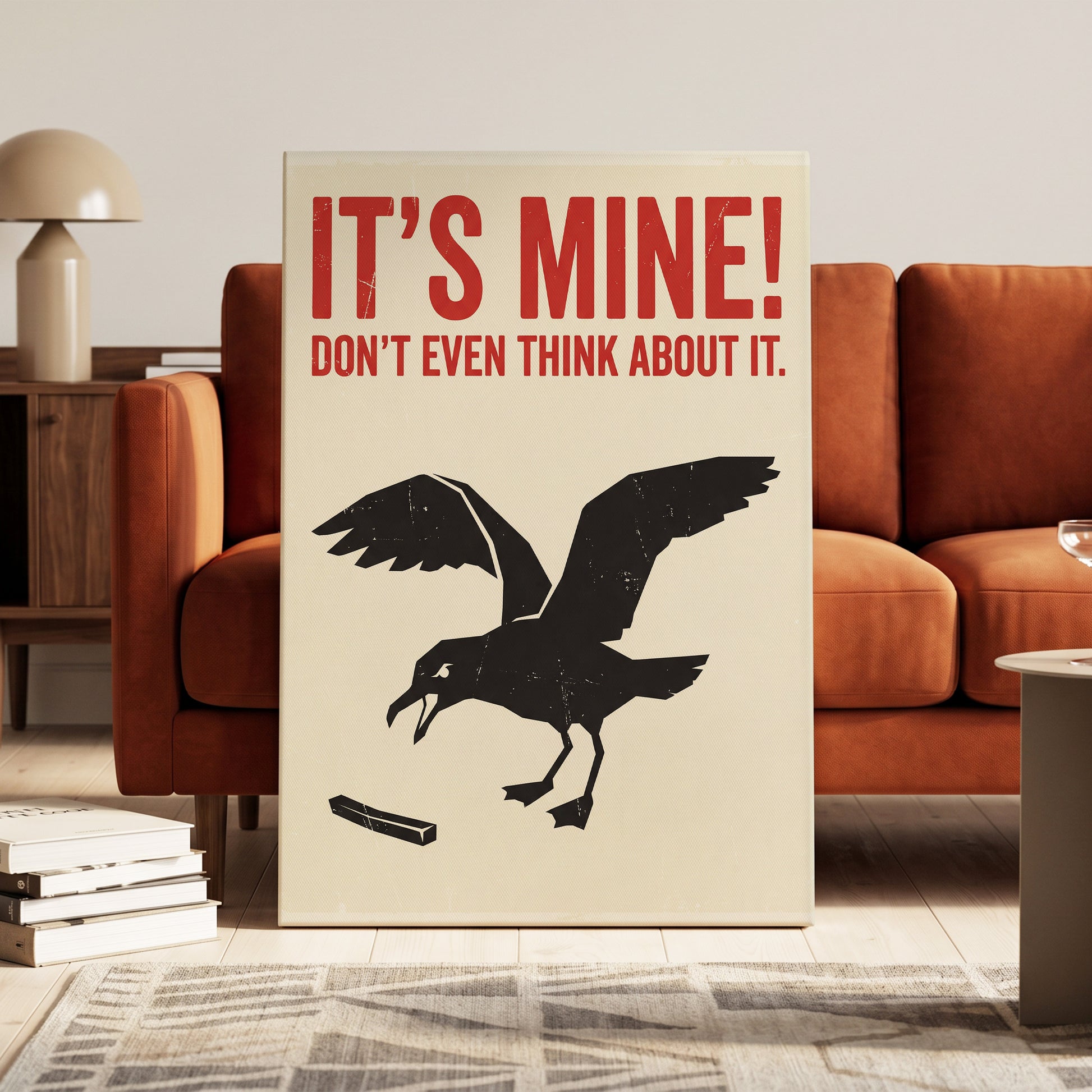 Mine, All Mine!, black, beige, red nature wall art on canvas displayed in a styled interior, gallery view 1
