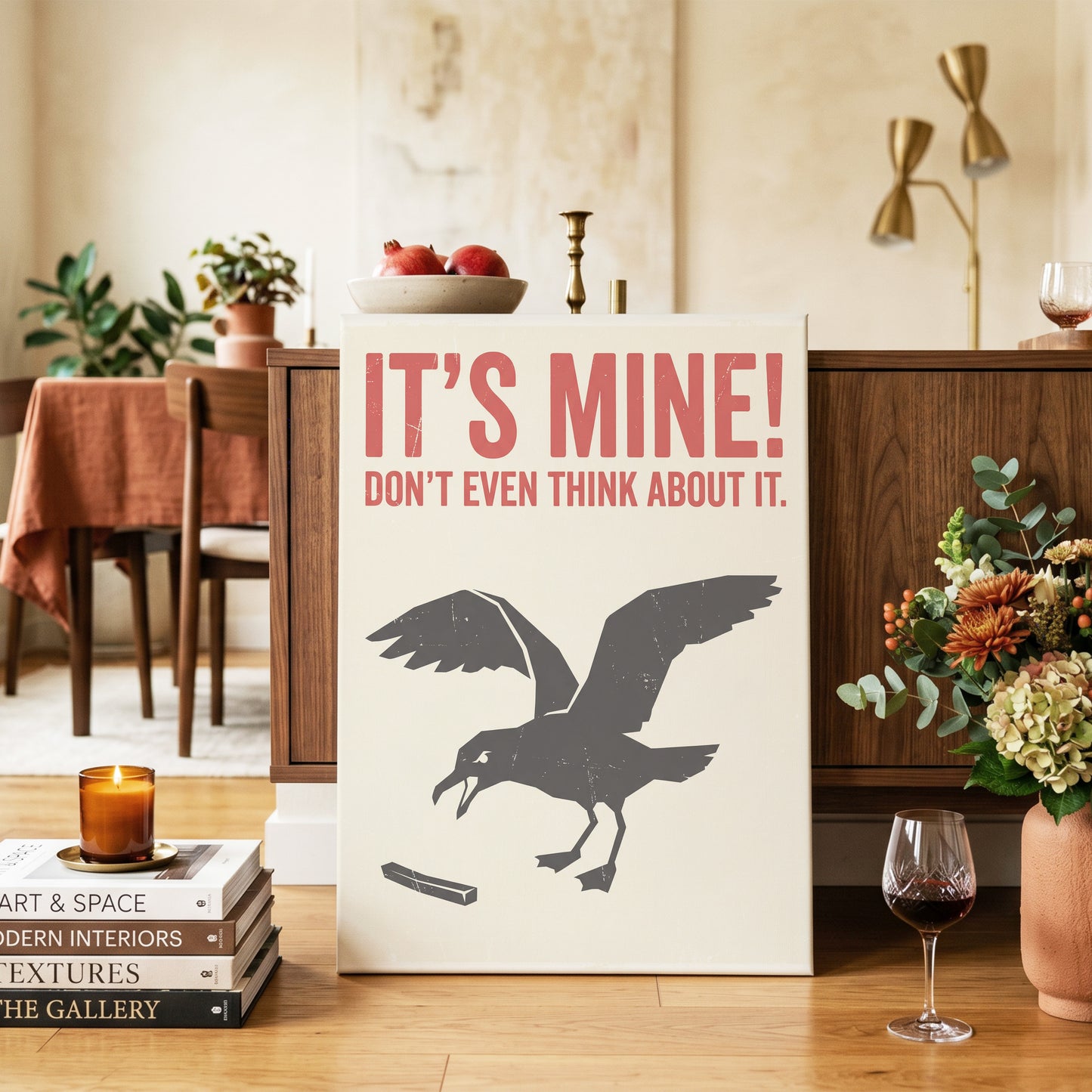 Mine, All Mine!, black, beige, red nature wall art on canvas displayed in a styled interior, gallery view 2