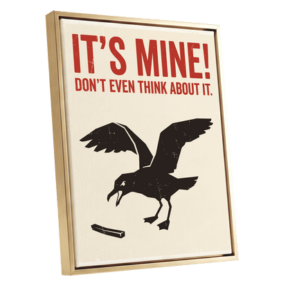 Mine, All Mine!, black, beige, red nature wall art shown as a gold framed canvas wall art