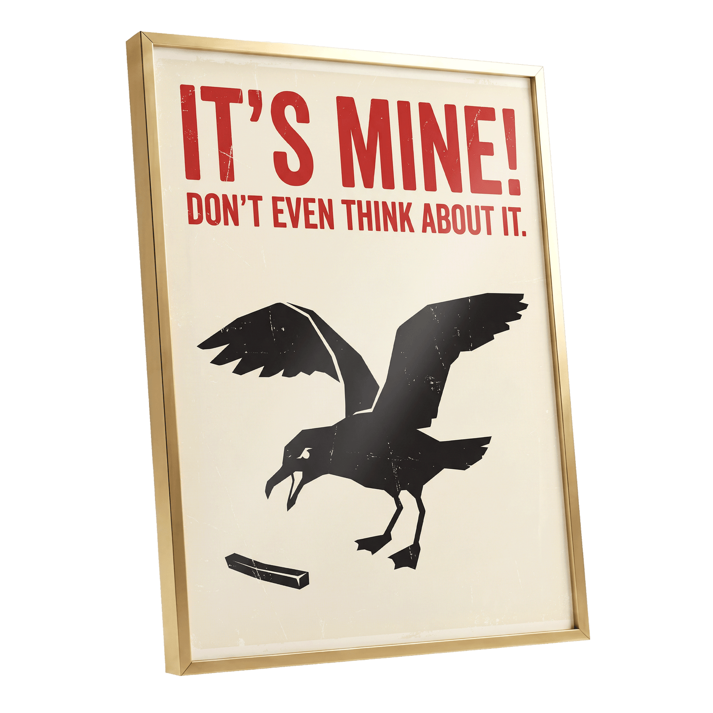 Mine, All Mine!, black, beige, red nature wall art shown as a gold framed poster wall art print
