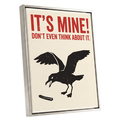 Mine, All Mine!, black, beige, red nature wall art shown as a silver framed canvas wall art