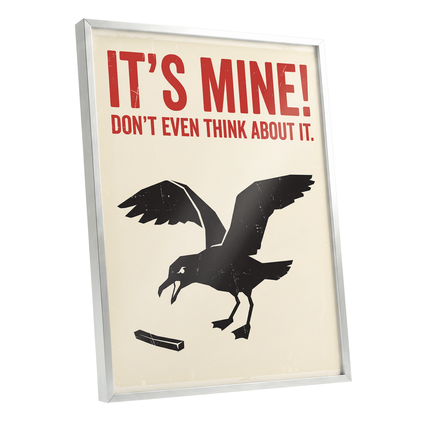 Mine, All Mine!, black, beige, red nature wall art shown as a silver framed poster wall art print