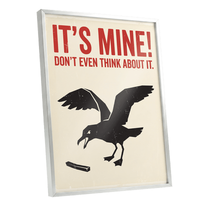 Mine, All Mine!, black, beige, red nature wall art shown as a silver framed poster wall art print