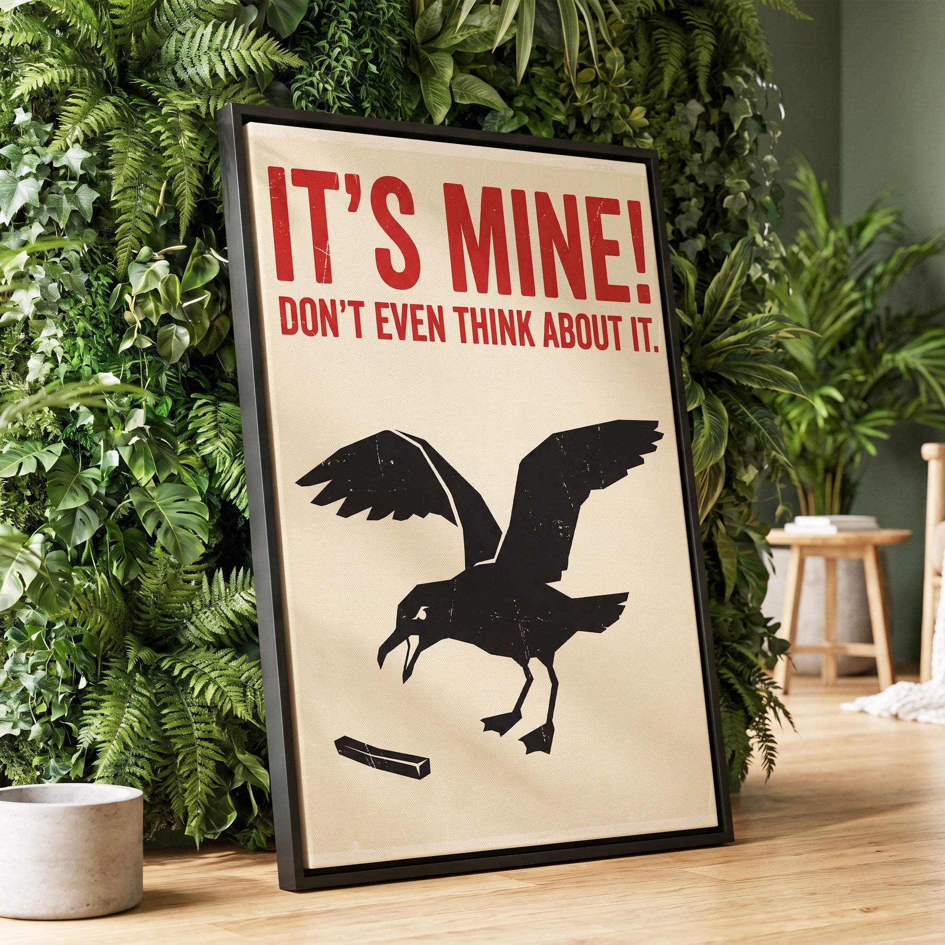 Mine, All Mine!, black, beige, red nature wall art displayed in a styled interior, gallery view 1