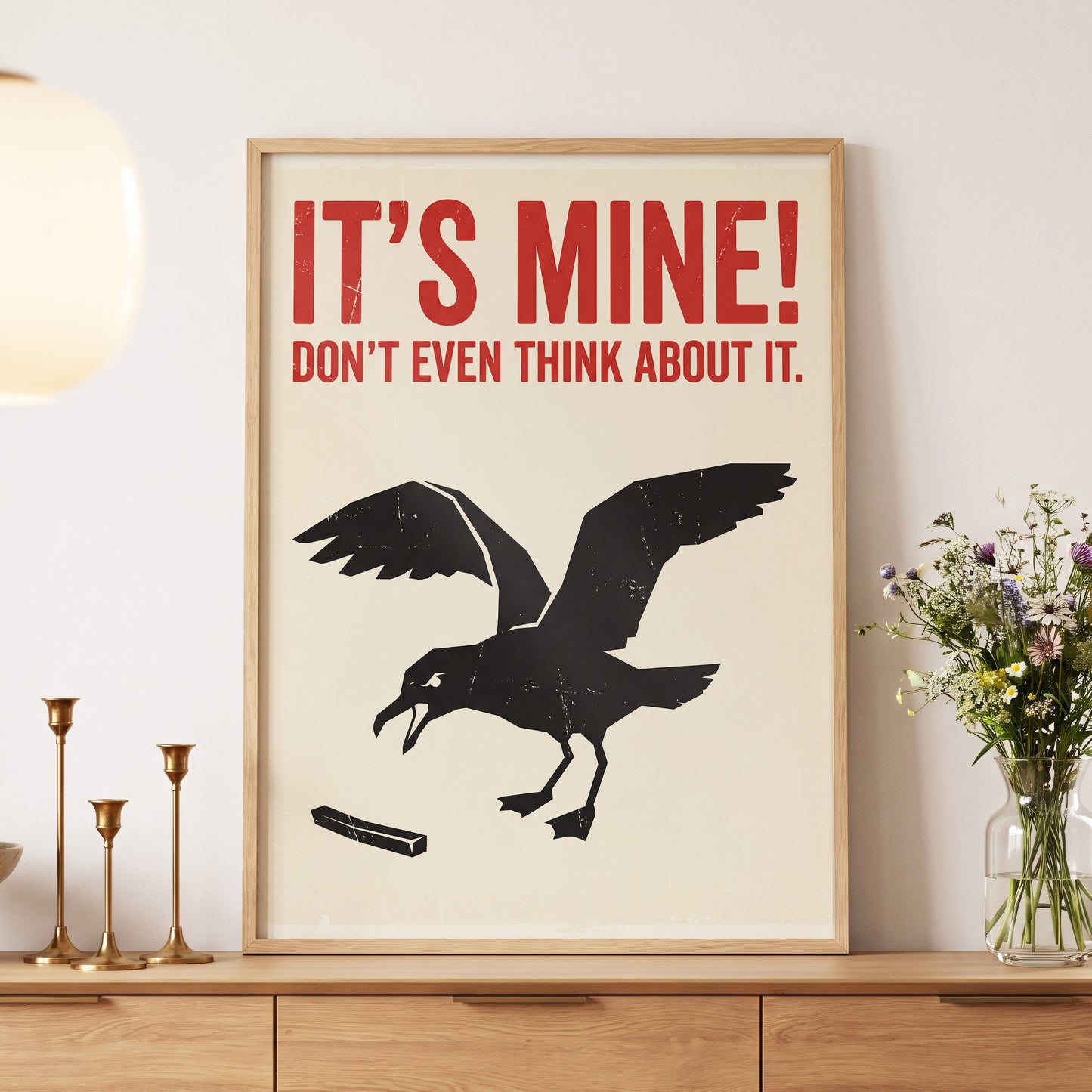 Mine, All Mine!, black, beige, red nature wall art displayed in a styled interior, gallery view 5