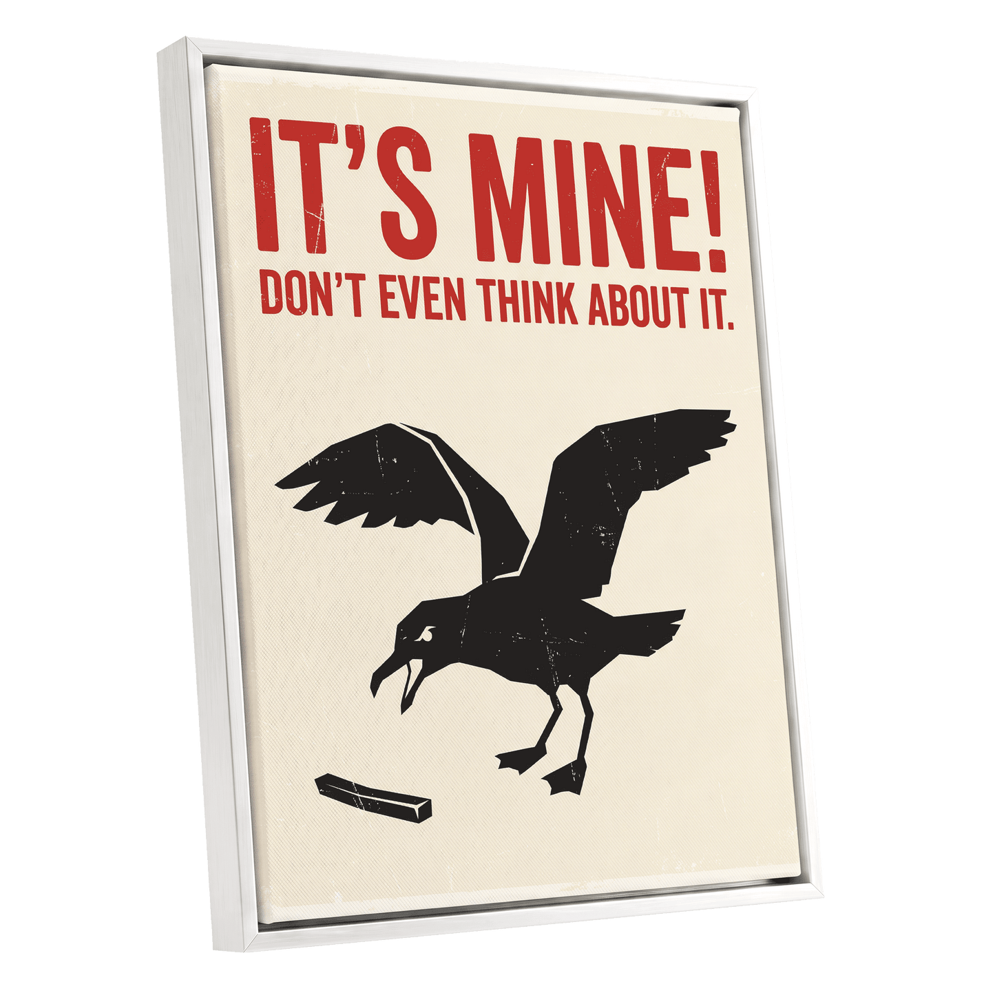 Mine, All Mine!, black, beige, red nature wall art shown as a white framed canvas wall art