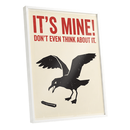 Mine, All Mine!, black, beige, red nature wall art shown as a white framed poster wall art print