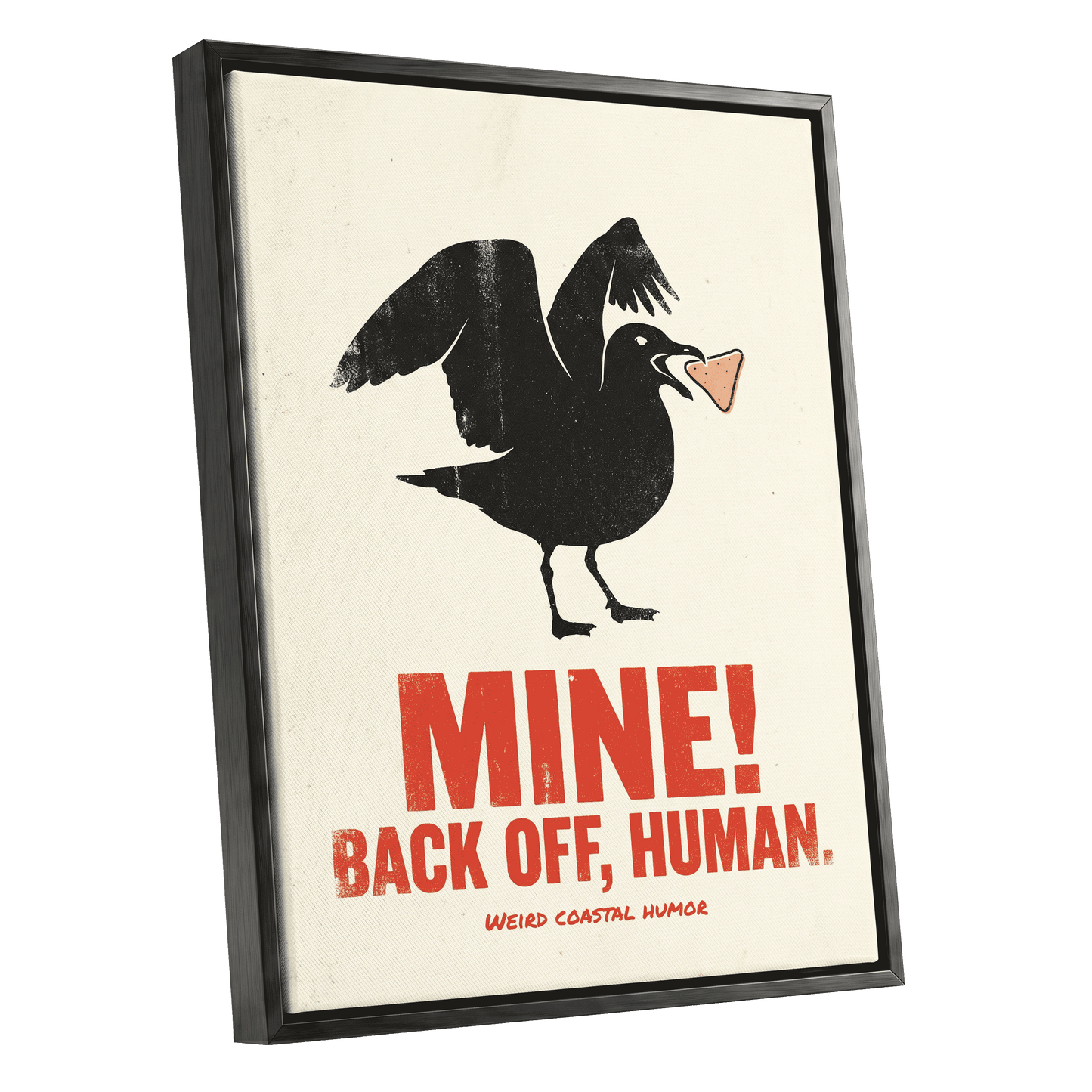 Mine! Coastal Gull, black, beige, red nature wall art shown as a black framed canvas wall art