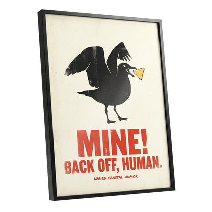 Mine! Coastal Gull, black, beige, red nature wall art shown as a black framed poster wall art print