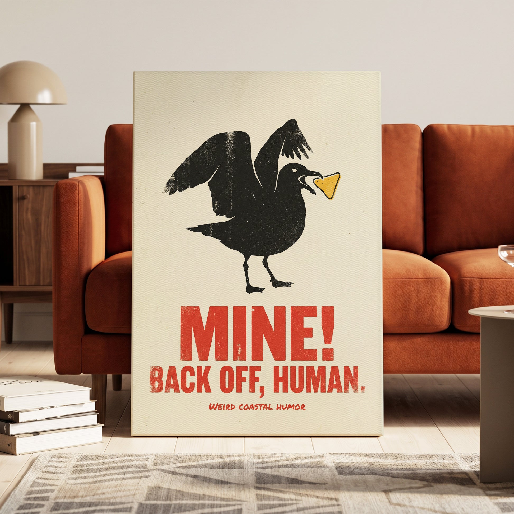 Mine! Coastal Gull, black, beige, red nature wall art on canvas displayed in a styled interior, gallery view 1