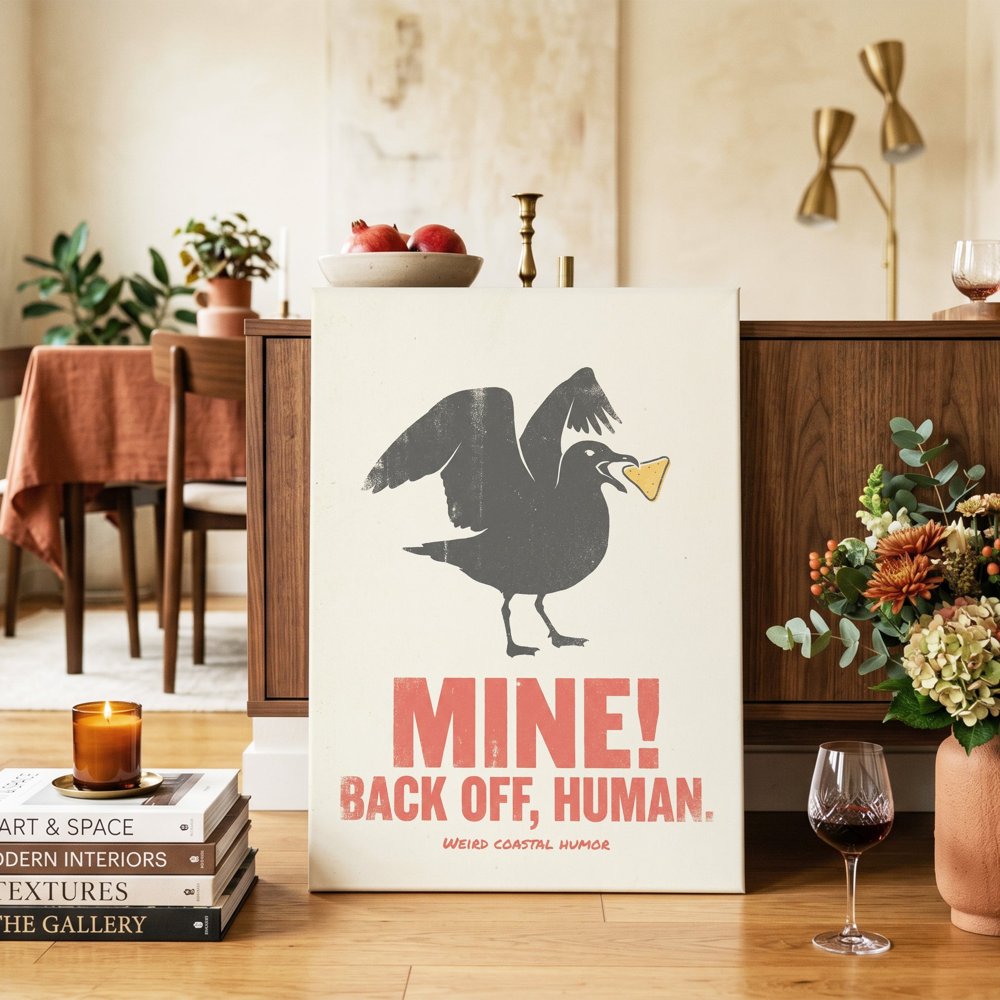 Mine! Coastal Gull, black, beige, red nature wall art on canvas displayed in a styled interior, gallery view 2