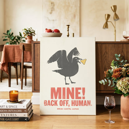 Mine! Coastal Gull, black, beige, red nature wall art on canvas displayed in a styled interior, gallery view 2