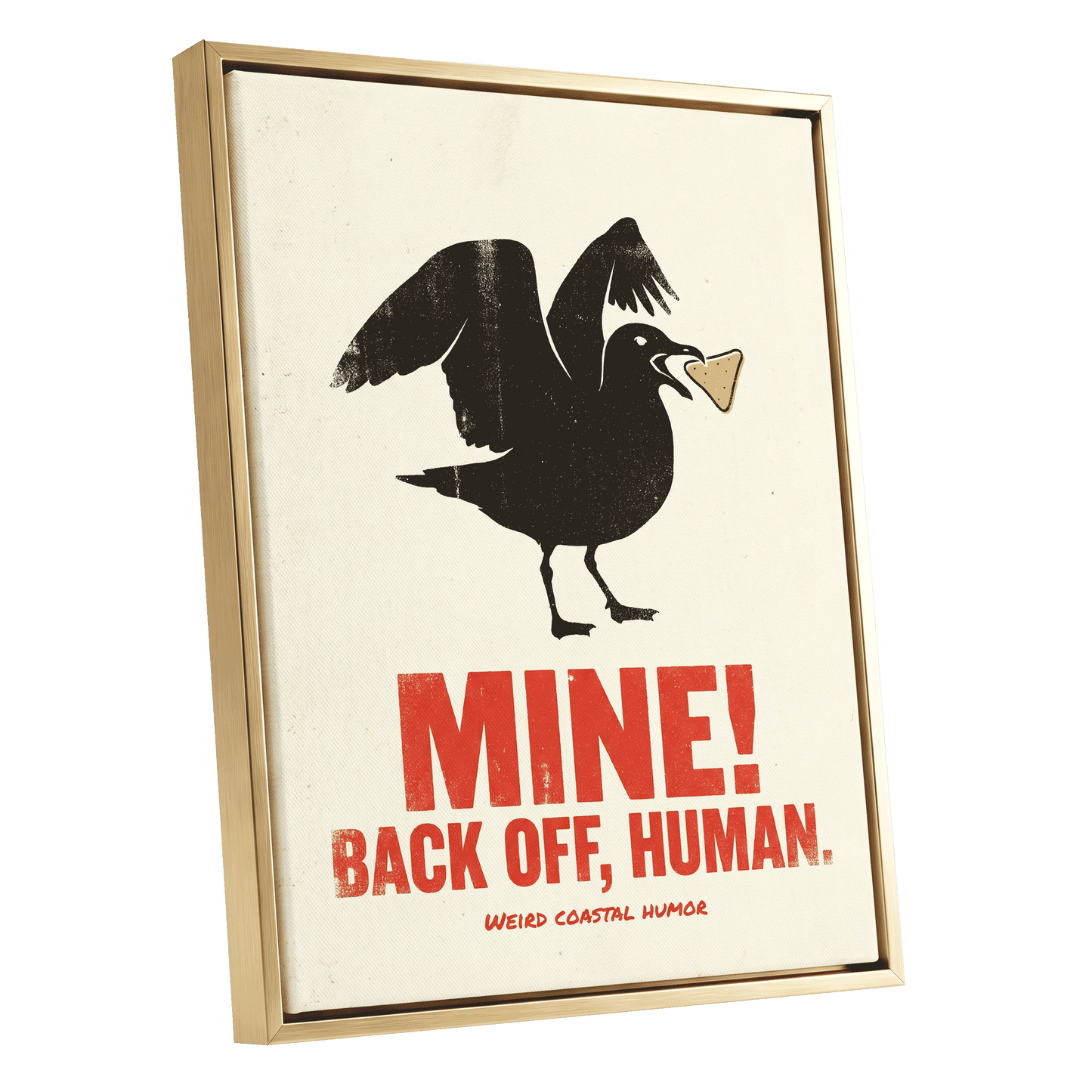 Mine! Coastal Gull, black, beige, red nature wall art shown as a gold framed canvas wall art