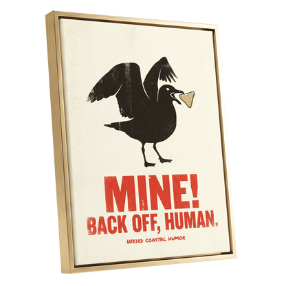 Mine! Coastal Gull, black, beige, red nature wall art shown as a gold framed canvas wall art