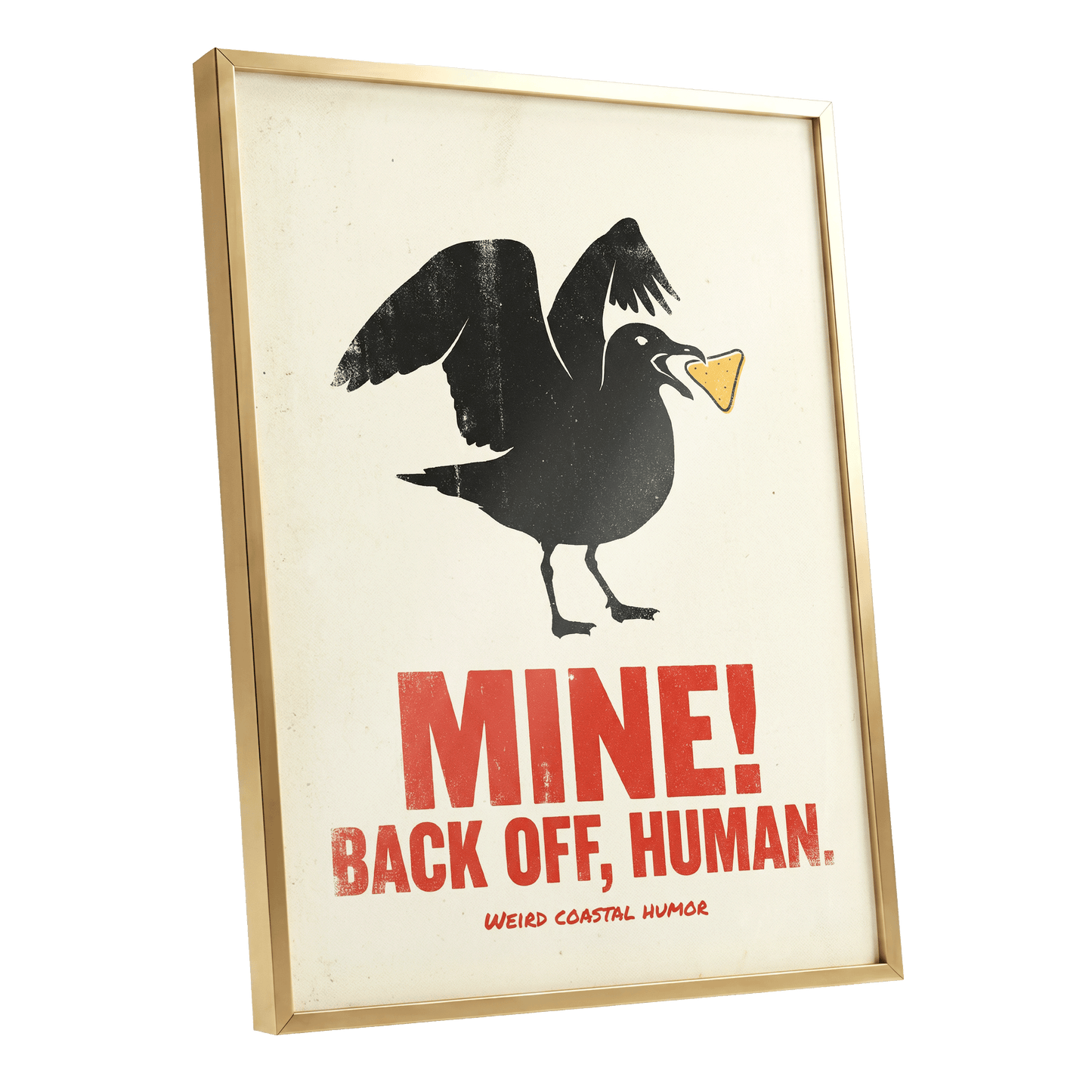 Mine! Coastal Gull, black, beige, red nature wall art shown as a gold framed poster wall art print
