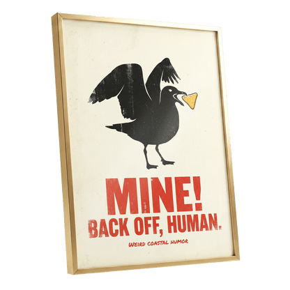 Mine! Coastal Gull, black, beige, red nature wall art shown as a gold framed poster wall art print