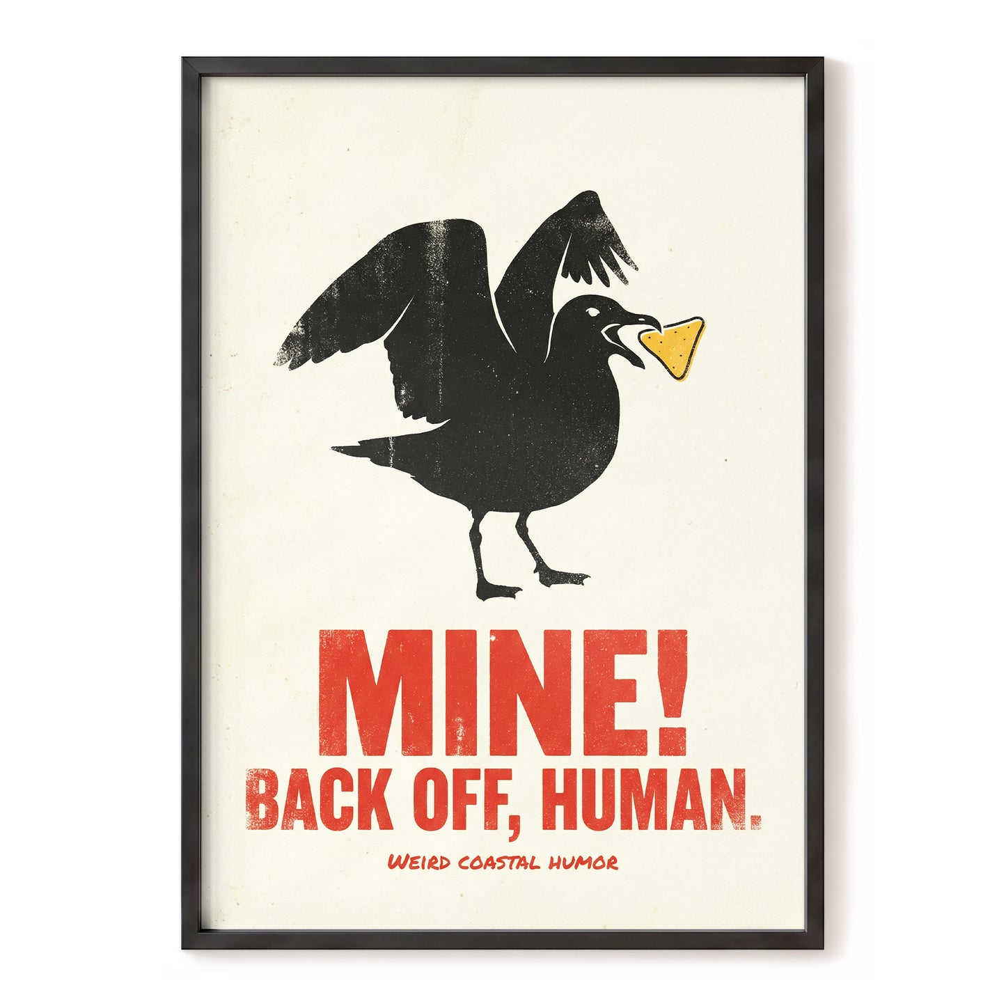 Mine! Coastal Gull, black, beige, red nature wall art, front artwork view