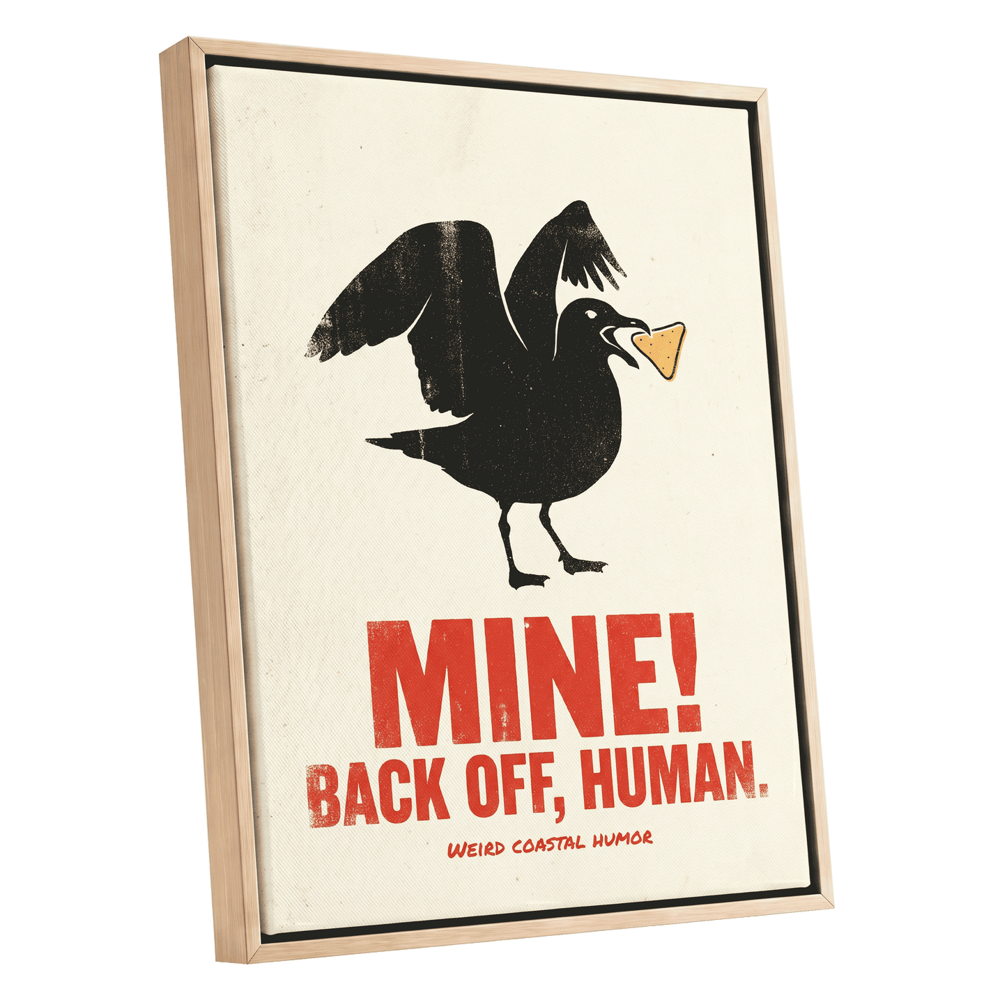 Mine! Coastal Gull, black, beige, red nature wall art shown as a oak framed canvas wall art