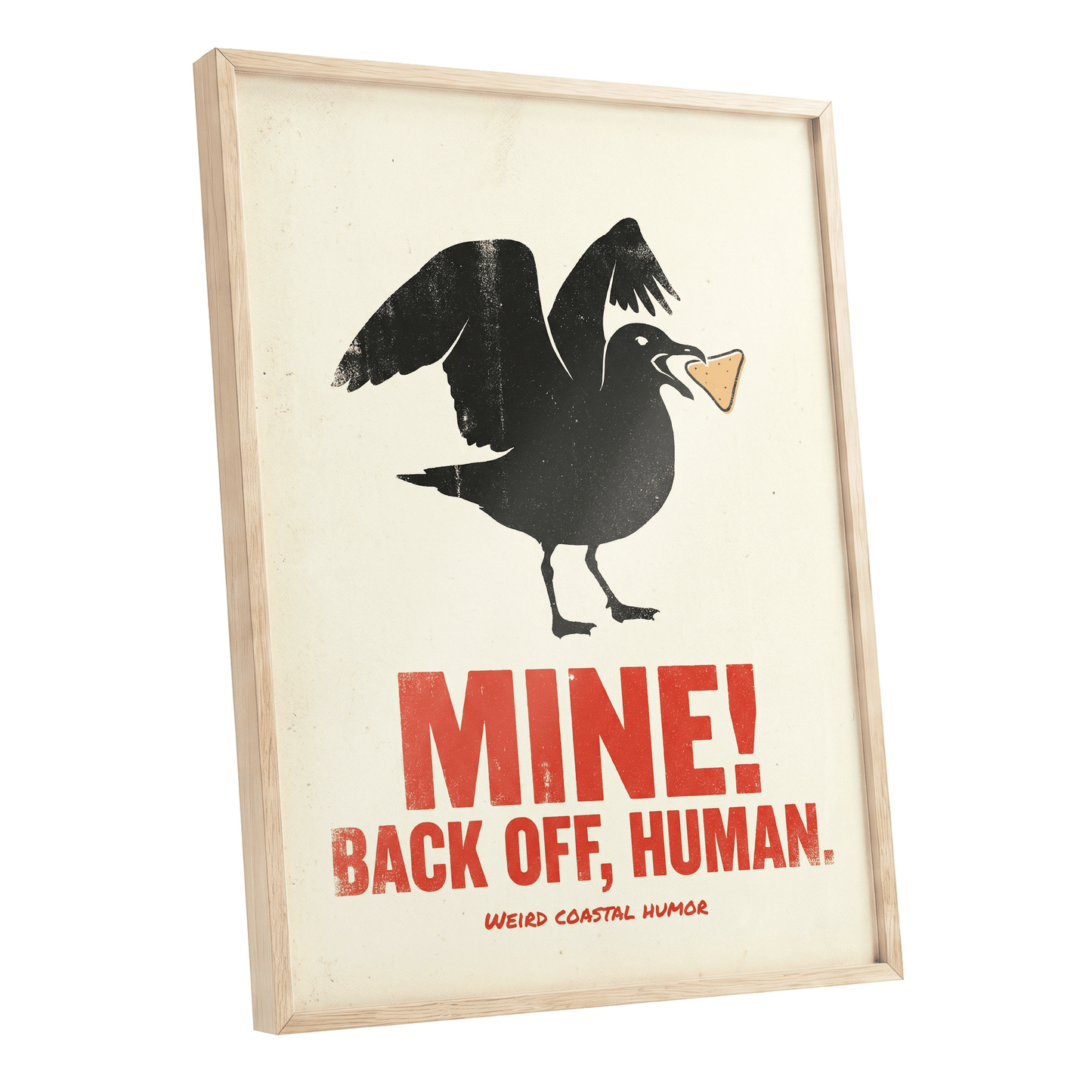 Mine! Coastal Gull, black, beige, red nature wall art shown as a oak framed poster wall art print