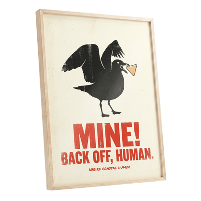 Mine! Coastal Gull, black, beige, red nature wall art shown as a oak framed poster wall art print