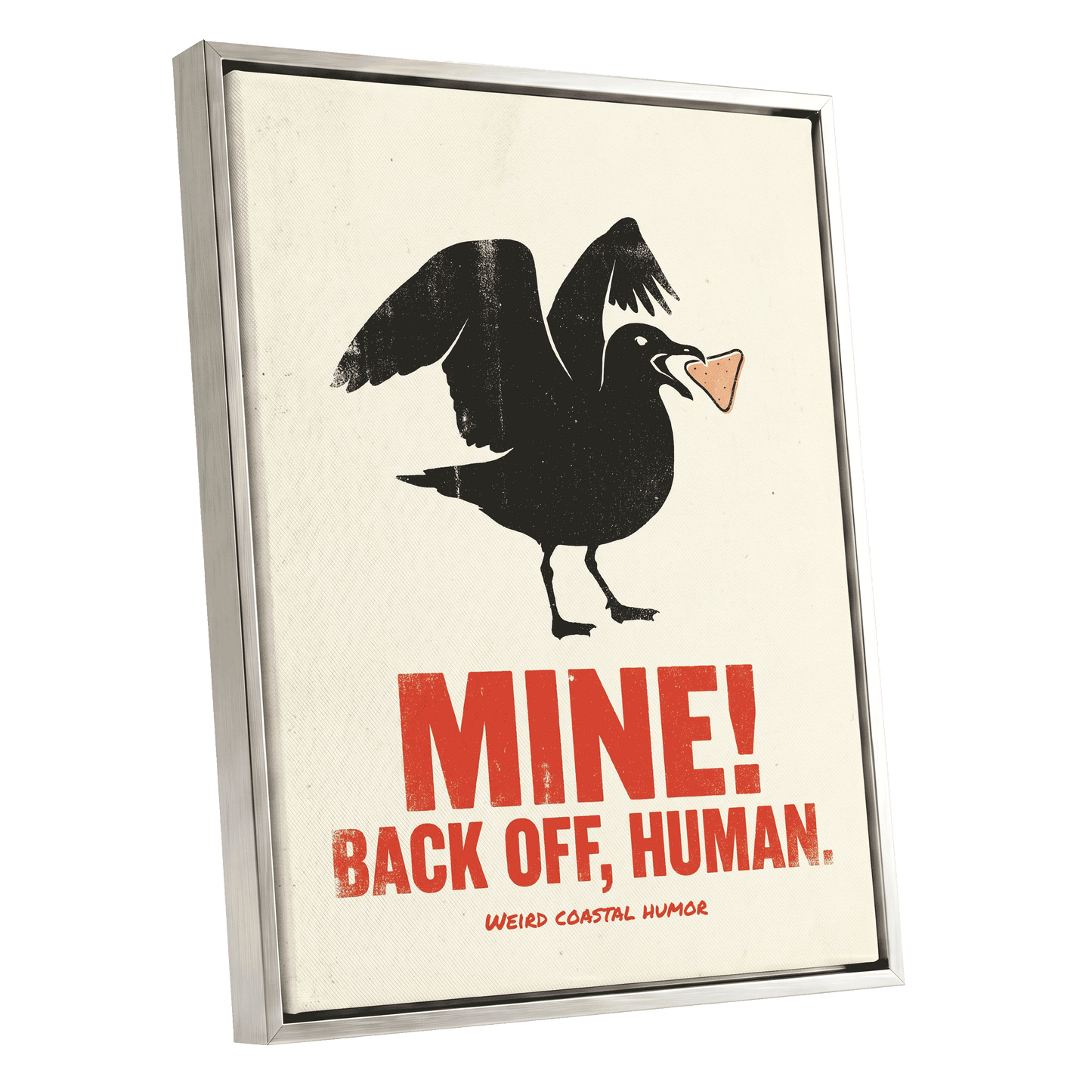 Mine! Coastal Gull, black, beige, red nature wall art shown as a silver framed canvas wall art