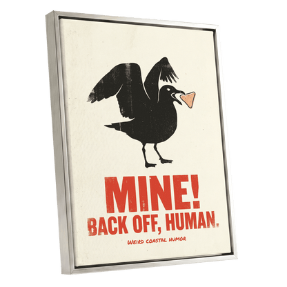 Mine! Coastal Gull, black, beige, red nature wall art shown as a silver framed canvas wall art