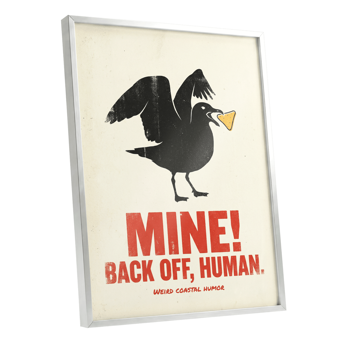 Mine! Coastal Gull, black, beige, red nature wall art shown as a silver framed poster wall art print