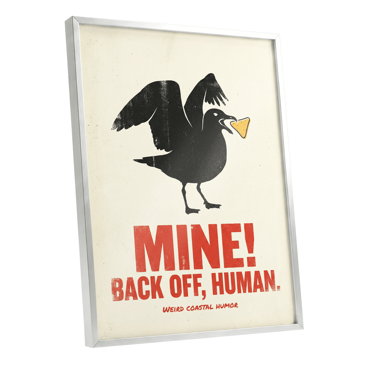 Mine! Coastal Gull, black, beige, red nature wall art shown as a silver framed poster wall art print