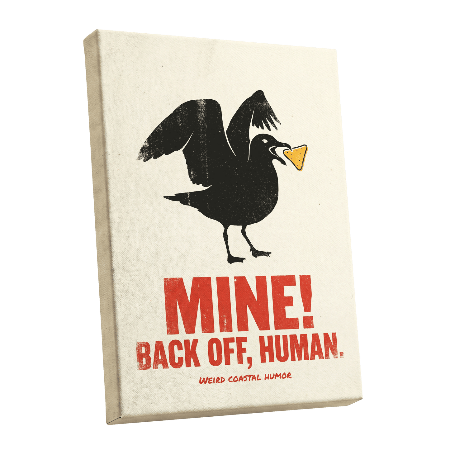 Mine! Coastal Gull, black, beige, red nature wall art shown as a stretched canvas wall art
