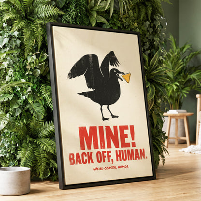 Mine! Coastal Gull, black, beige, red nature wall art displayed in a styled interior, gallery view 1