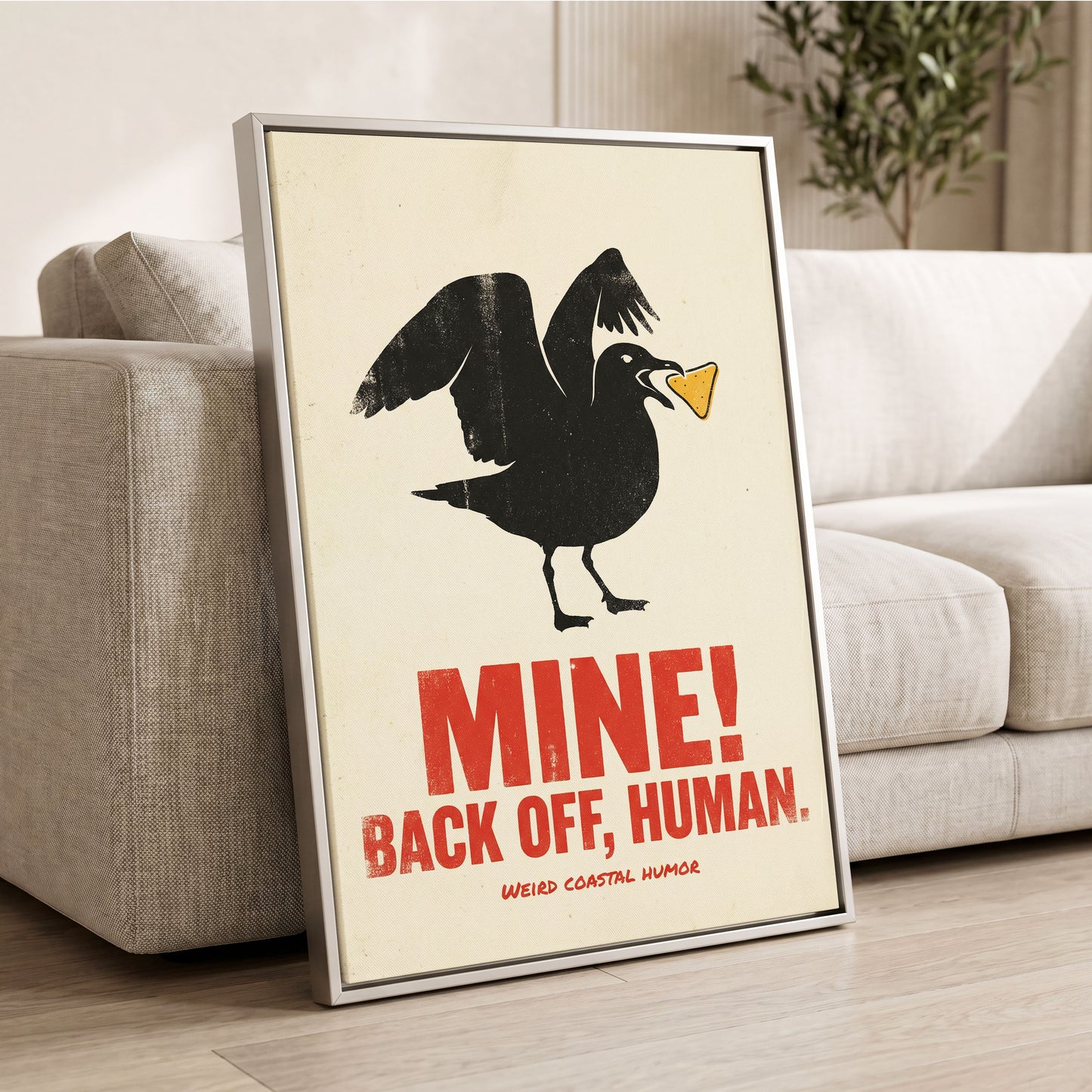 Mine! Coastal Gull, black, beige, red nature wall art displayed in a styled interior, gallery view 2