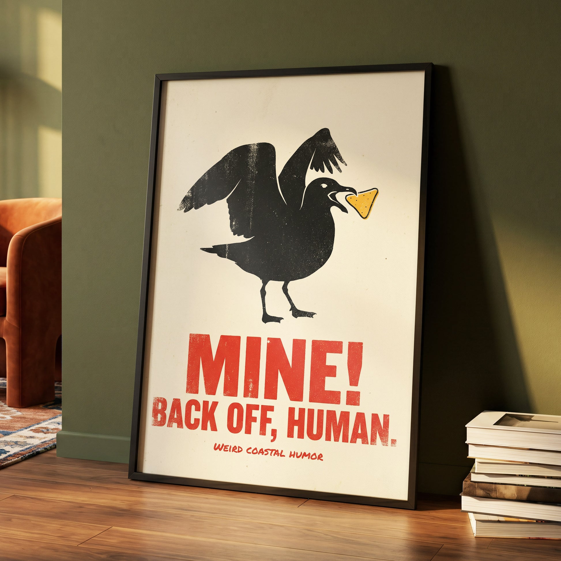 Mine! Coastal Gull, black, beige, red nature wall art displayed in a styled interior, gallery view 4