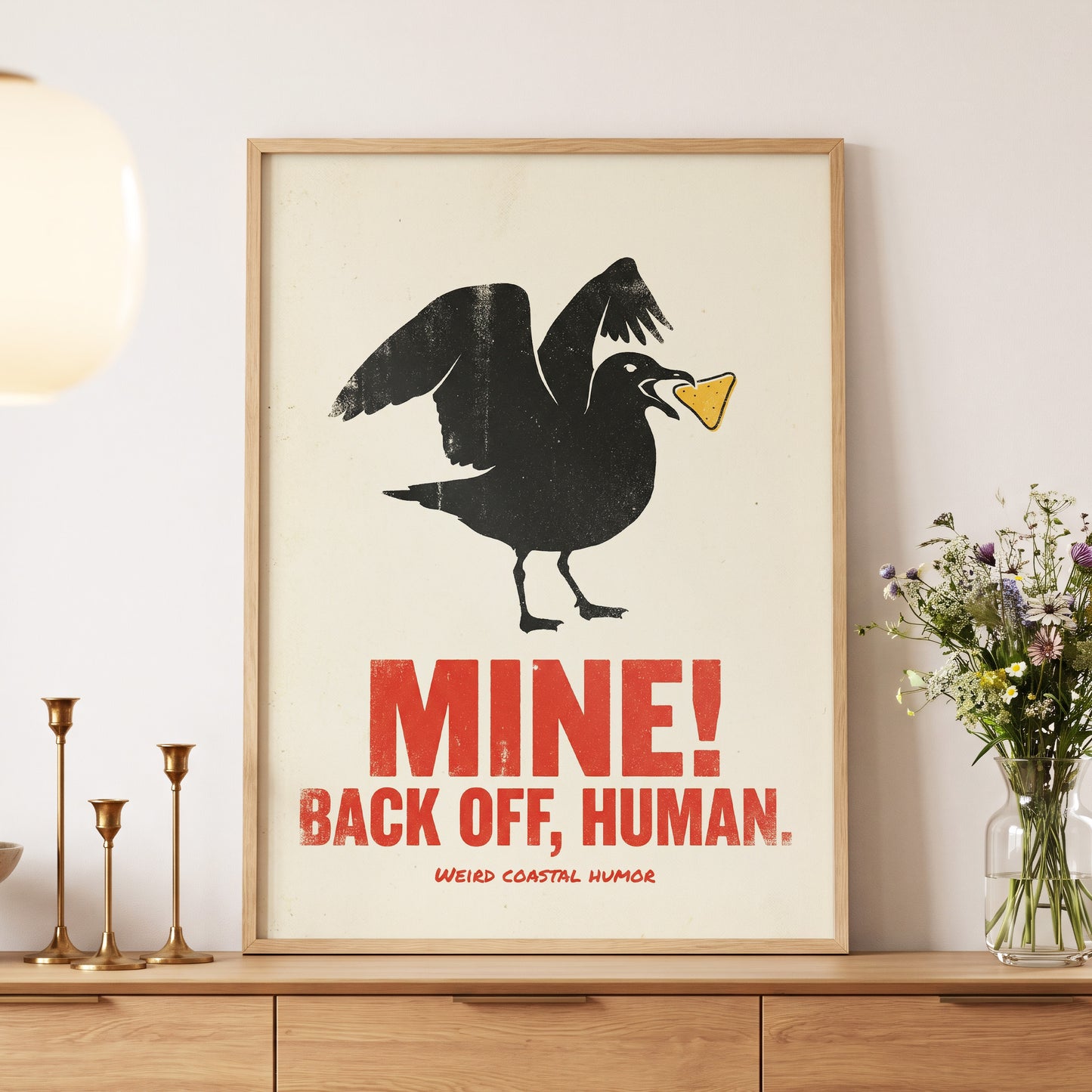 Mine! Coastal Gull, black, beige, red nature wall art displayed in a styled interior, gallery view 5