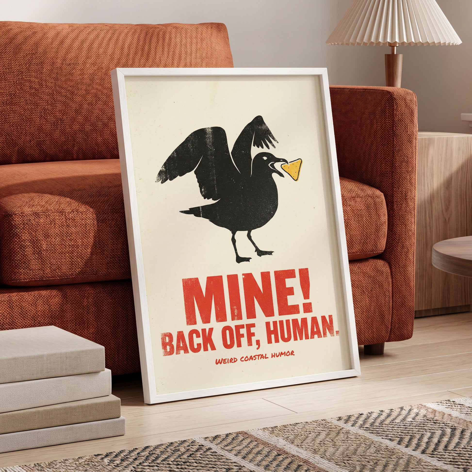 Mine! Coastal Gull, black, beige, red nature wall art displayed in a styled interior, gallery view 6