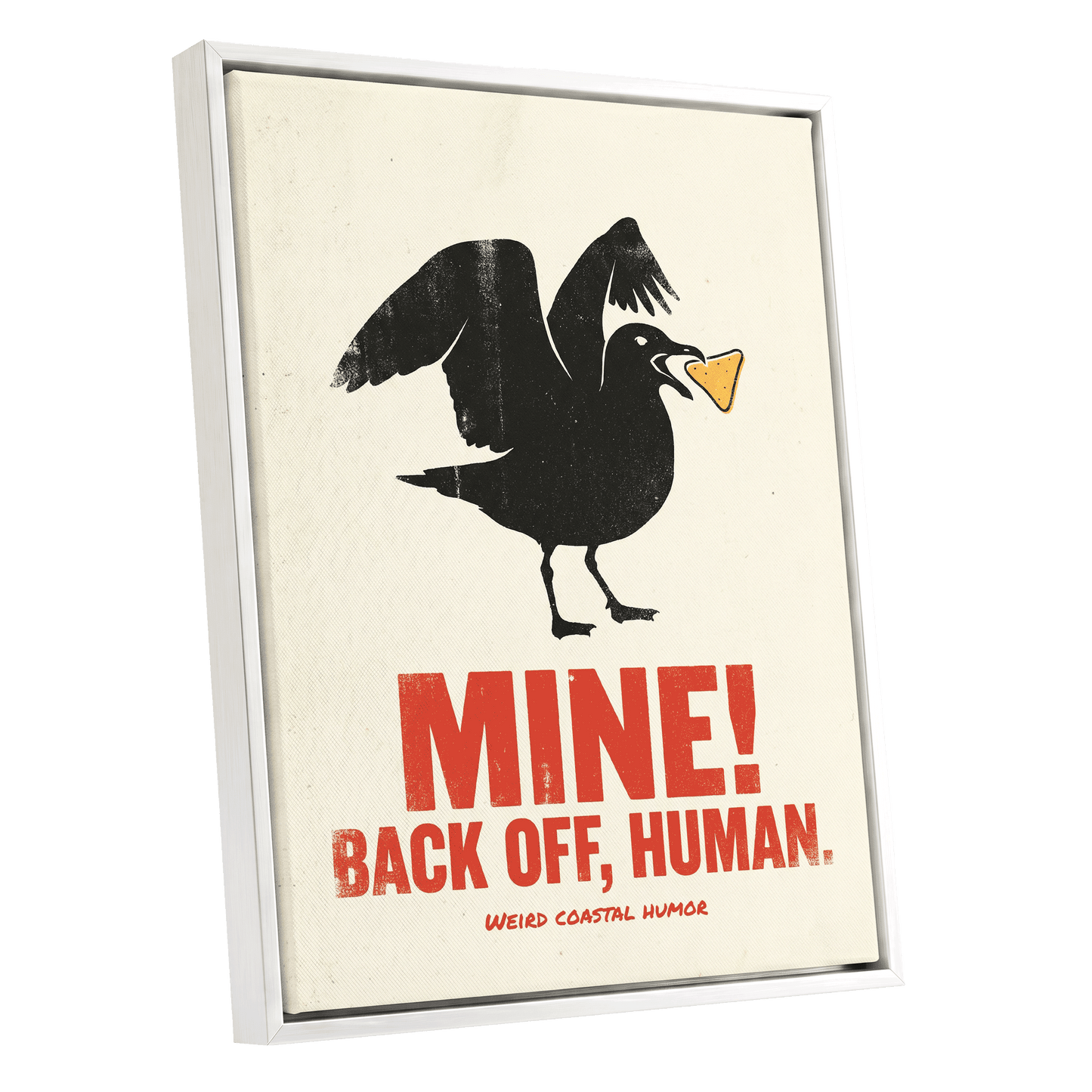 Mine! Coastal Gull, black, beige, red nature wall art shown as a white framed canvas wall art