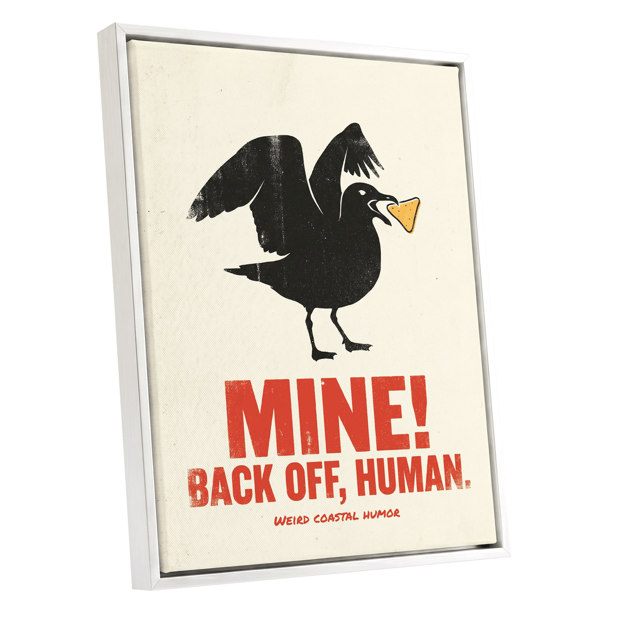 Mine! Coastal Gull, black, beige, red nature wall art shown as a white framed canvas wall art
