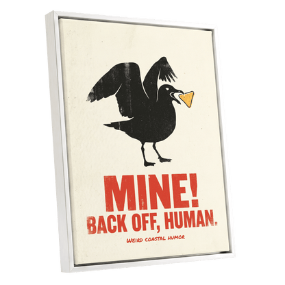 Mine! Coastal Gull, black, beige, red nature wall art shown as a white framed canvas wall art