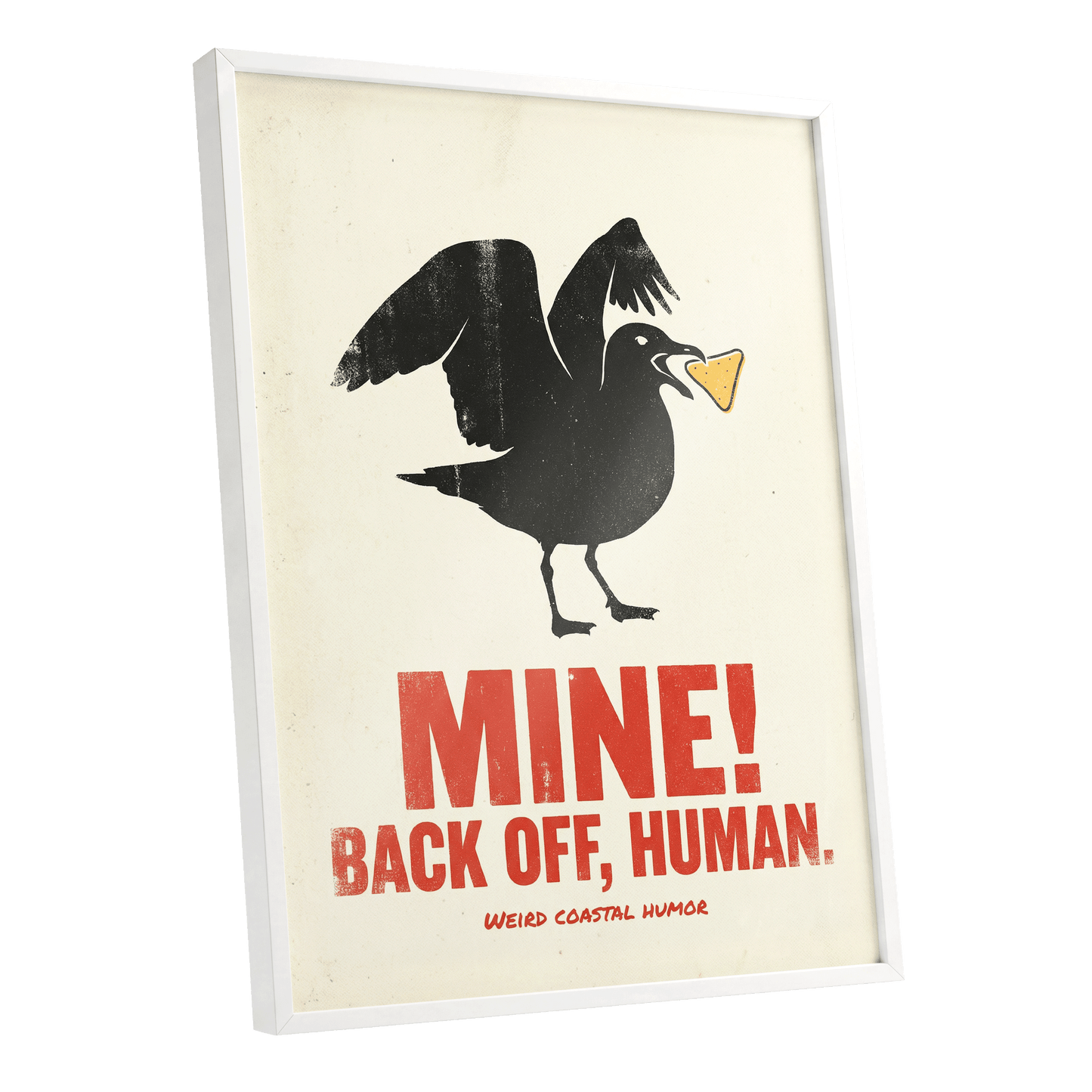 Mine! Coastal Gull, black, beige, red nature wall art shown as a white framed poster wall art print
