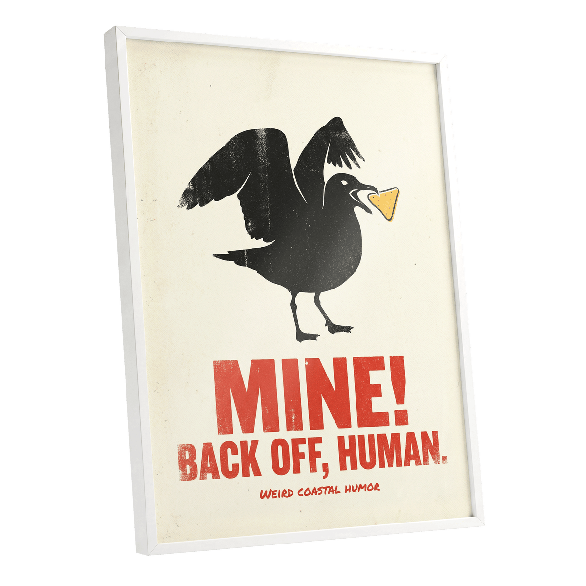 Mine! Coastal Gull, black, beige, red nature wall art shown as a white framed poster wall art print