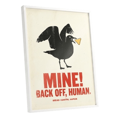 Mine! Coastal Gull, black, beige, red nature wall art shown as a white framed poster wall art print