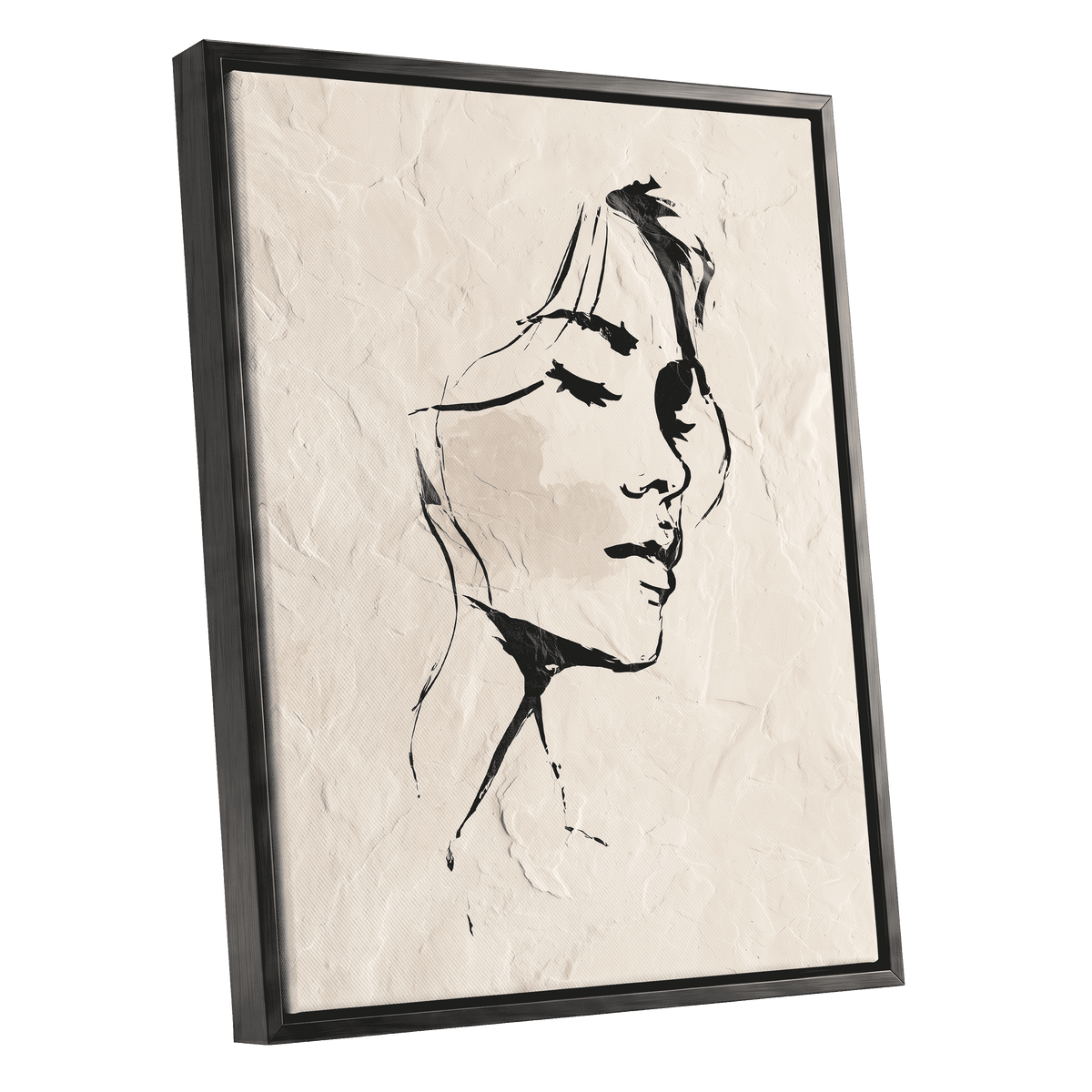 Minimal Woman Portrait: a framed wall art print featuring a minimalist black line drawing of a woman's face on a textured off-white background, shown at an angle with a black frame against a white backdrop.