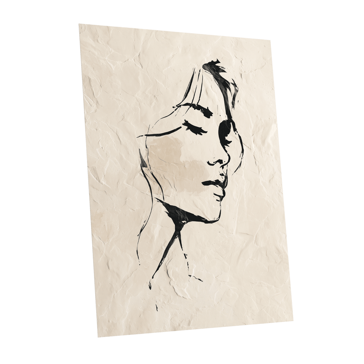 Minimal Woman Portrait: a square art print featuring a minimalist black ink sketch of a woman's face in profile, printed on textured beige paper and shown against a plain white background.