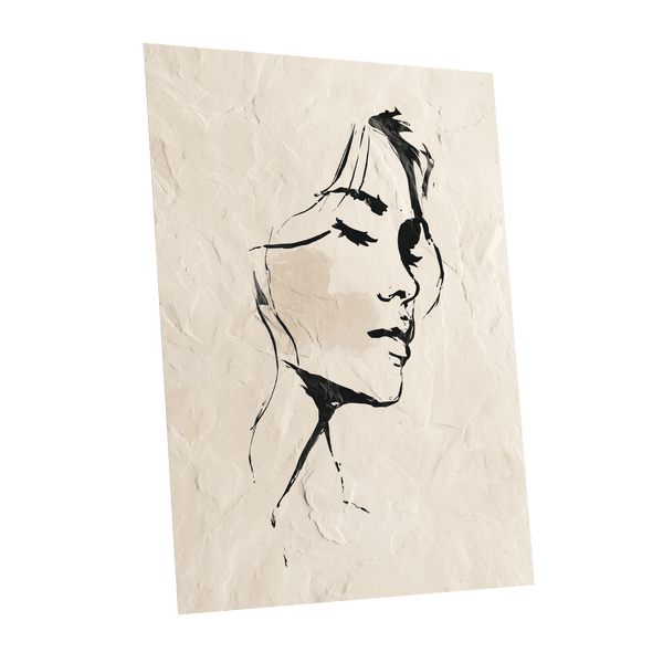 Minimal Woman Portrait: a square art print featuring a minimalist black ink sketch of a woman's face in profile, printed on textured beige paper and shown against a plain white background.