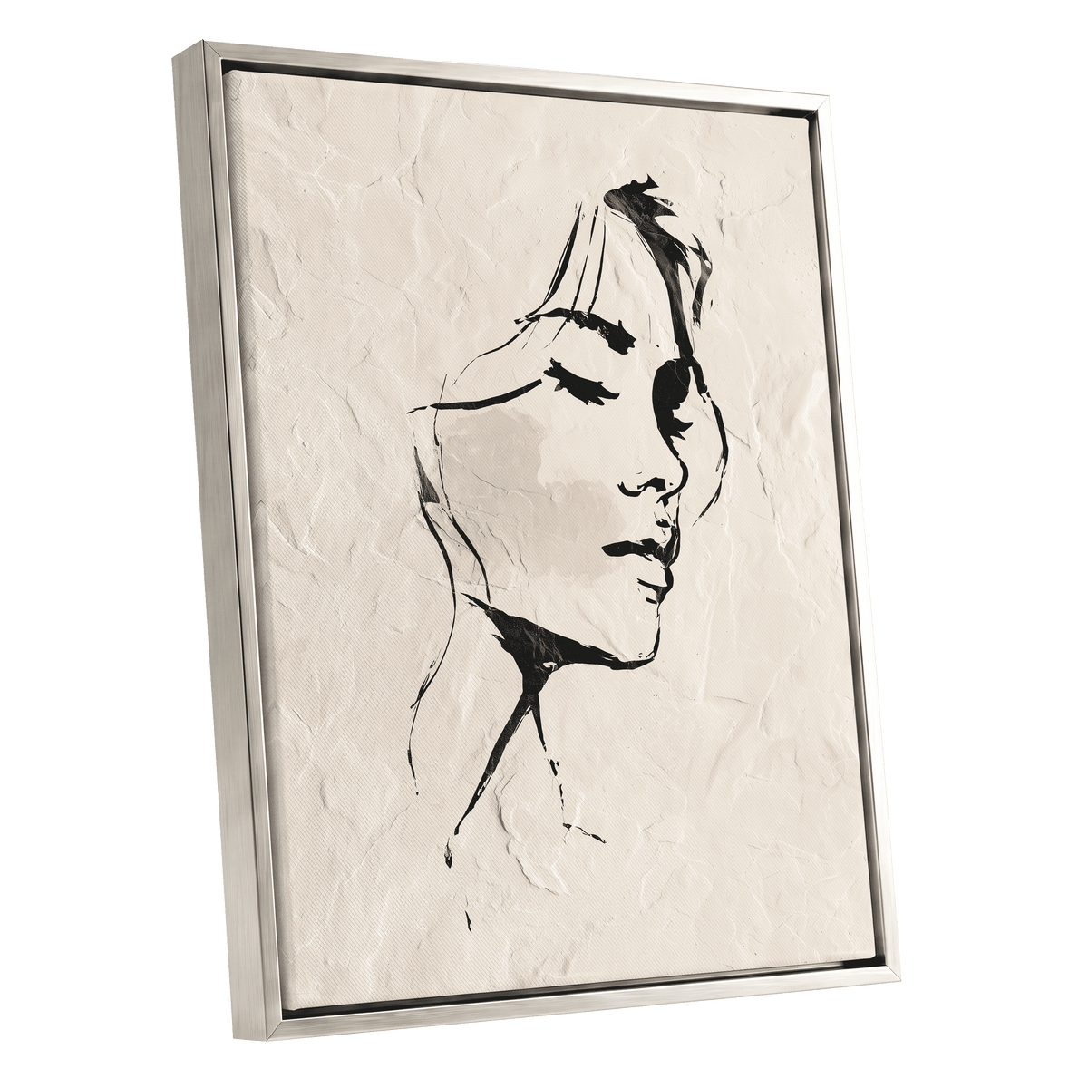 Minimal Woman Portrait: framed canvas wall art featuring a black ink sketch of a woman's face on a textured off-white background, shown at an angle against a solid white backdrop.