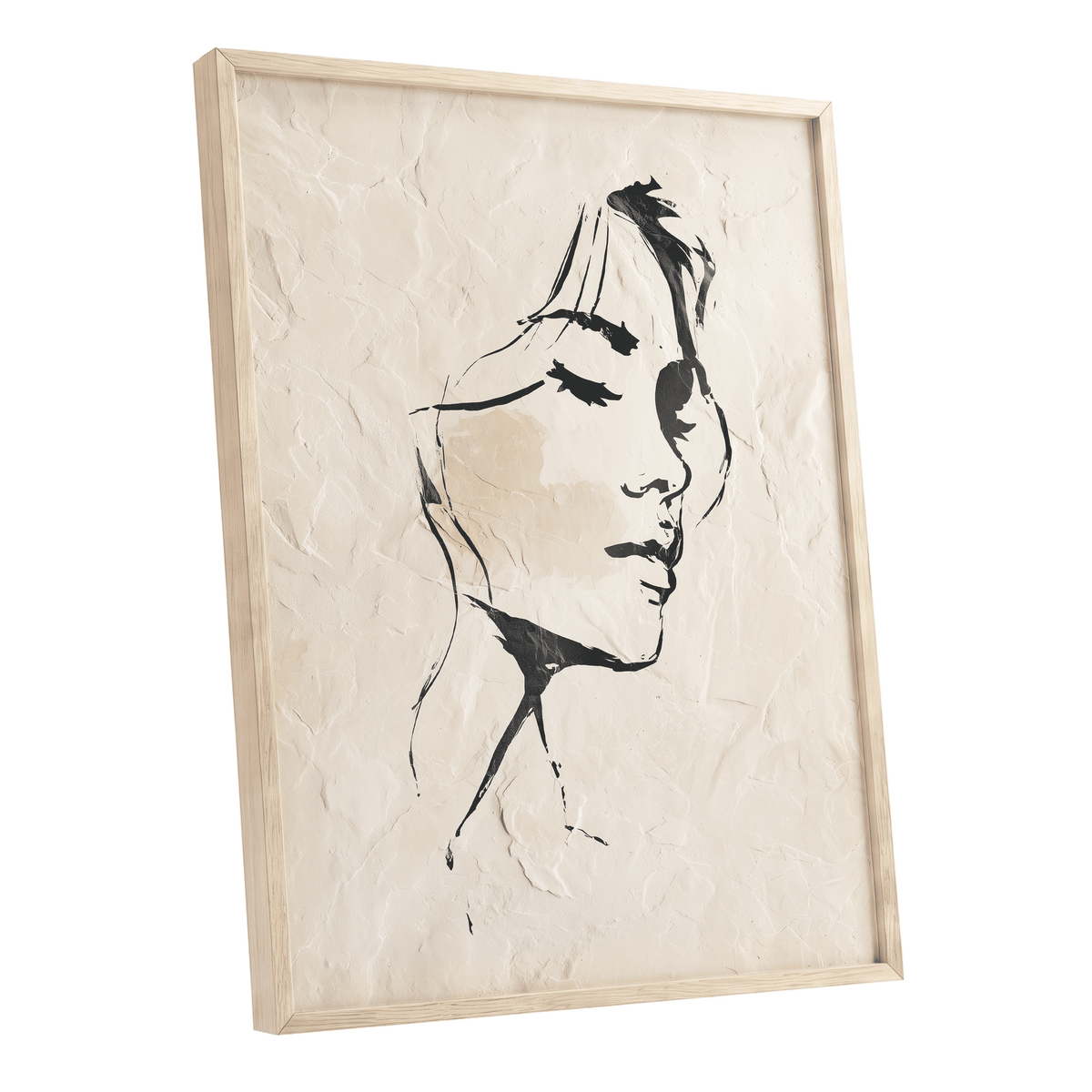 Minimal Woman Portrait: framed wall art featuring a minimalist black line drawing of a woman's face on a textured cream background, enclosed in a light natural wood frame.