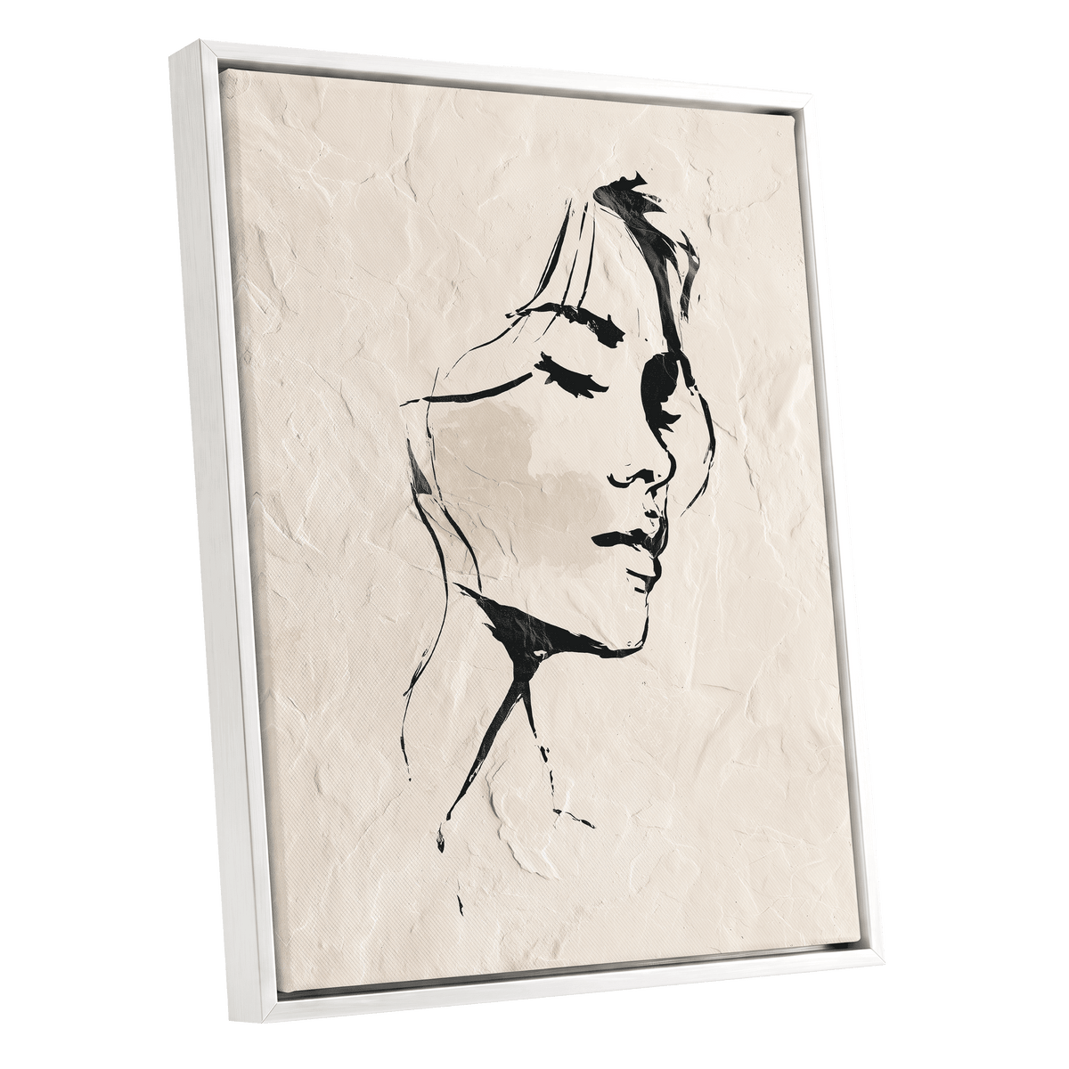 Minimal Woman Portrait: framed wall art featuring a minimalist black line drawing of a woman's face on a textured cream background, shown in a white frame against a light gray studio backdrop.Minimal Woman Portrait: framed wall art featuring a minimalist black ink sketch of a woman's face on a textured cream background, enclosed in a slim gold frame.