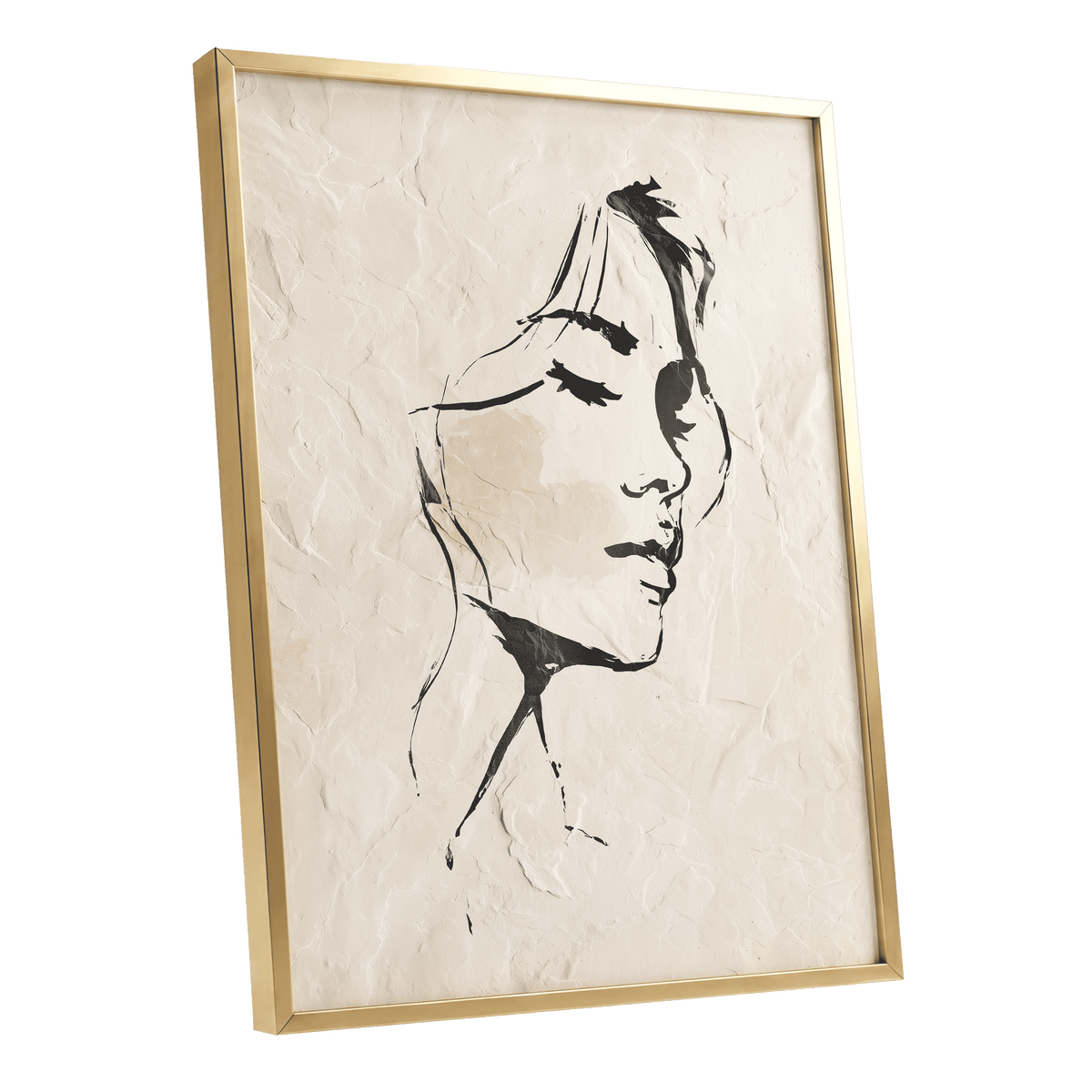 Minimal Woman Portrait: framed wall art featuring a minimalist black line drawing of a woman's face on a textured off-white background, enclosed in a thin gold frame.